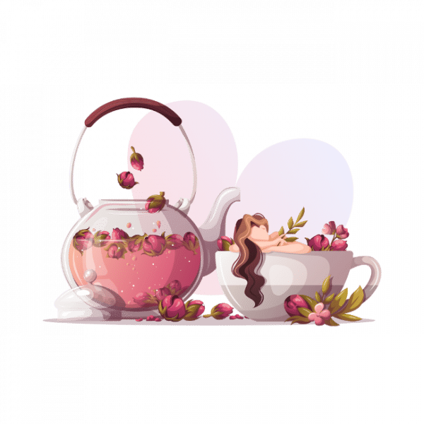 femme dans une tasse et une theiere rose